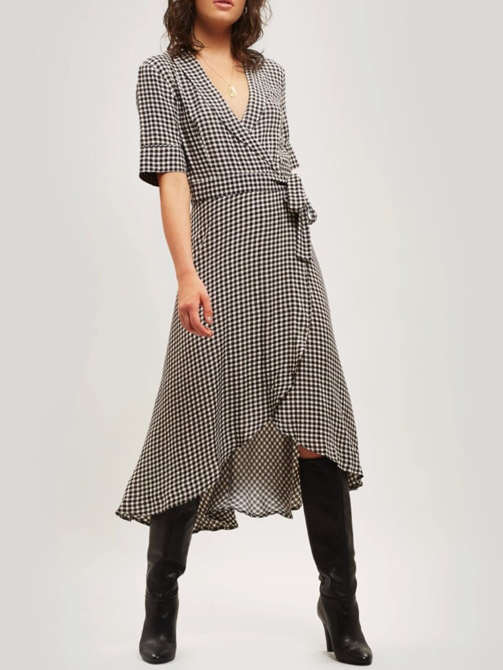 GANNI | Black Check Crepe Wrap Dress